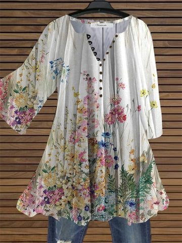 Floral Print V-Neck Long Sleeve Tops