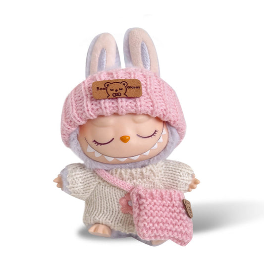 POP MART The Monsters Labubu Fashion Dress -  Pink knitted hat + white floral sweater