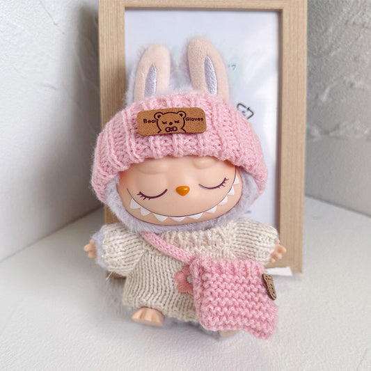 POP MART The Monsters Labubu Fashion Dress -  Pink knitted hat + white floral sweater